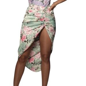 NWT JLUXLABEL Floral High Low Draped Mint Satin Ruched Side Slit Skirt Sz S